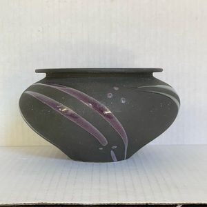 Michael Cho Signed Studio Pottery Vase Bulbous Raku Abstract Charcoal Matte